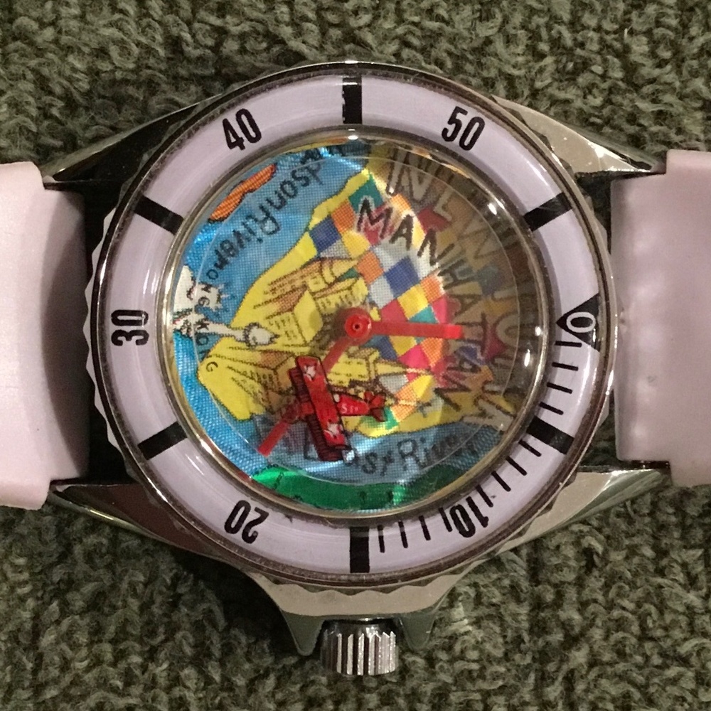 Vintage Tali Wind Up Watch - Biplane Flying Over Manhattan.